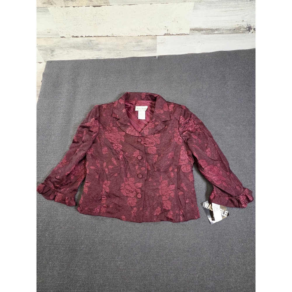 Miss Dorby Blazer Womens 8P Burgundy Floral Jacquard Ruffle Sleeve‎ NWT